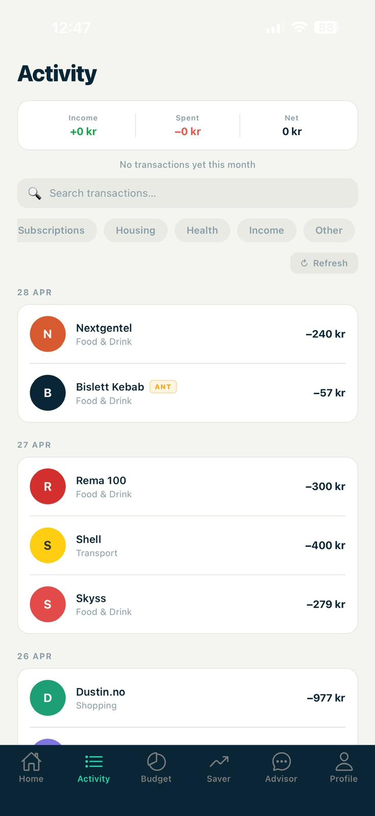 FINIO Activity feed with categorized transactions