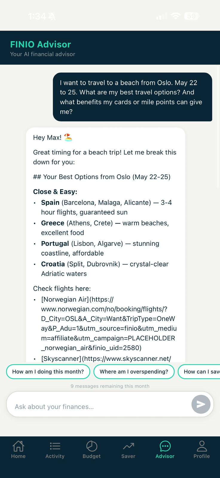 FINIO AI Advisor travel planning conversation