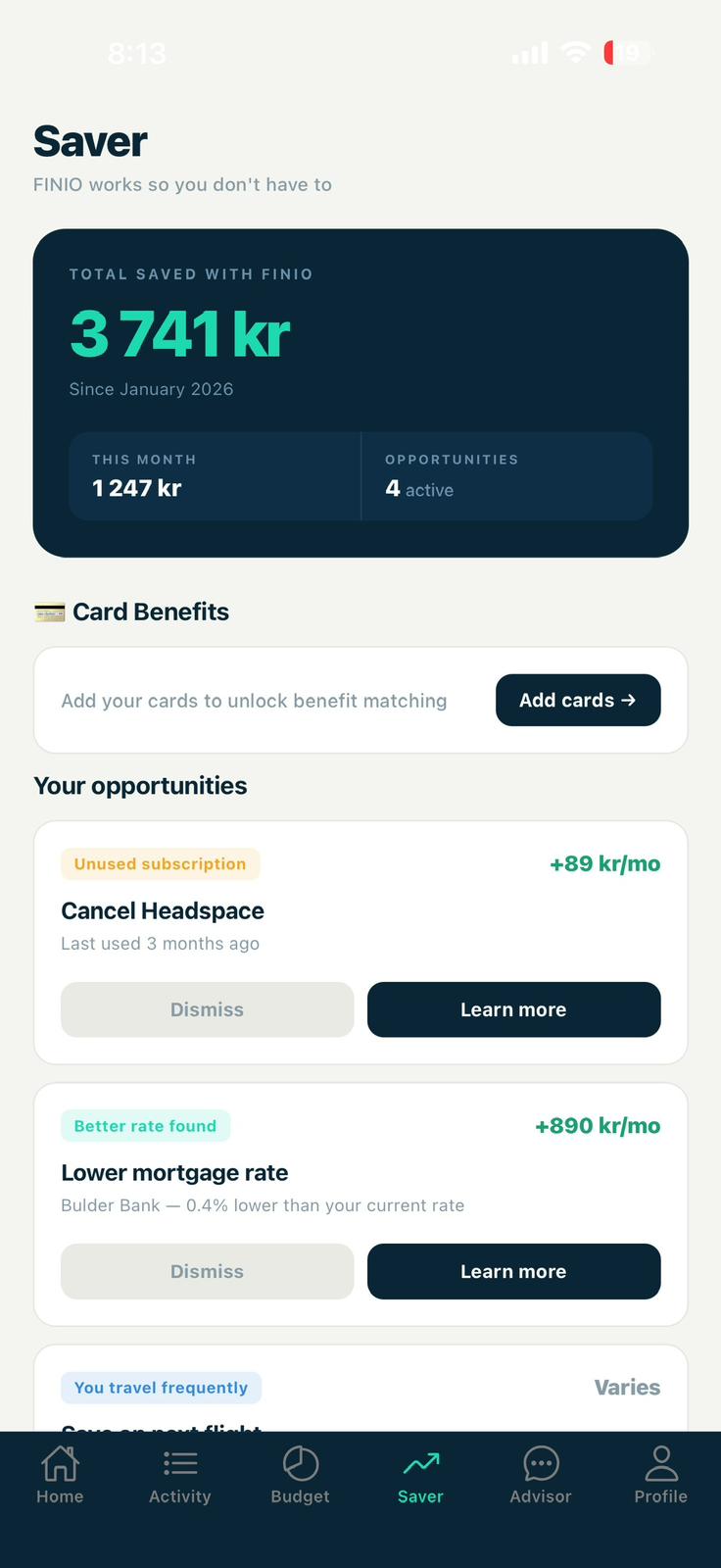 FINIO Saver screen showing 3,741 kr saved